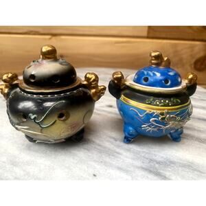 Vintage Chinese Ceramic Incense Burners, Pair with Figural Lids